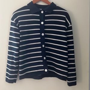 Women’s I Love Baby blue and white striped collared sweater, made in Korea
